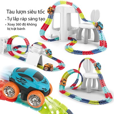 Đồ chơi xe ô tô tàu lượn siêu tốc KAVY không trọng lực xoay ngược không lật bánh có đèn tự lắp ráp