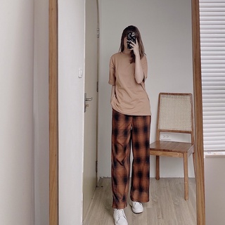 Quần ống rộng lưng chun caro