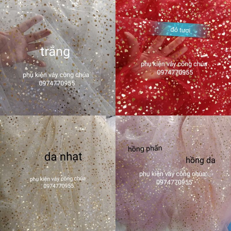 vải voan lưới hình tim vàng lấp lánh .