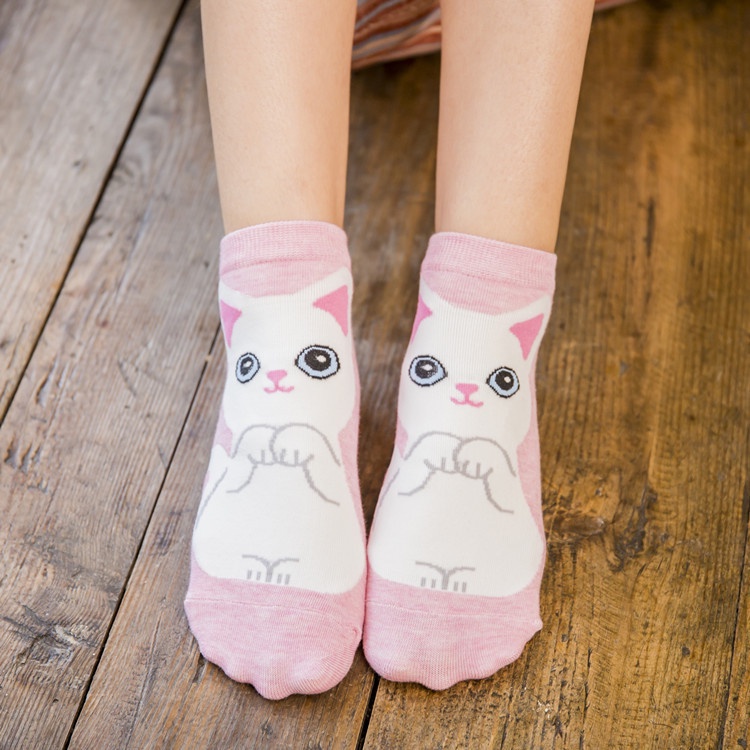 Vớ Cotton Cổ Thấp Chống Trượt Thoáng Khí In Hình Mèo Hoạt Hình Phong Cách Hàn Quốc Cho Nữ