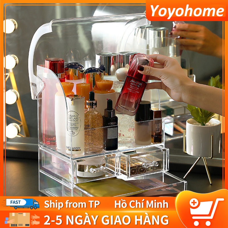 Hộp lưu trữ mỹ phẩm Hộp lưu trữ chống bụi để bàn Loại ngăn kéo acrylic Hộp đựng đồ trang điểm trong suốt+ 3 ngăn kéo
