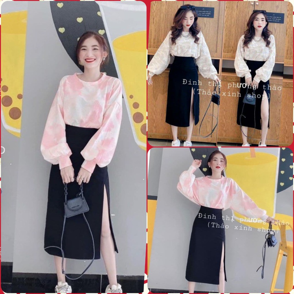 [COMBO] Áo tay dài form rộng + Váy dài đen xẻ cao, Áo màu loang năng động, SET VÁY XẺ ÁO LOANG