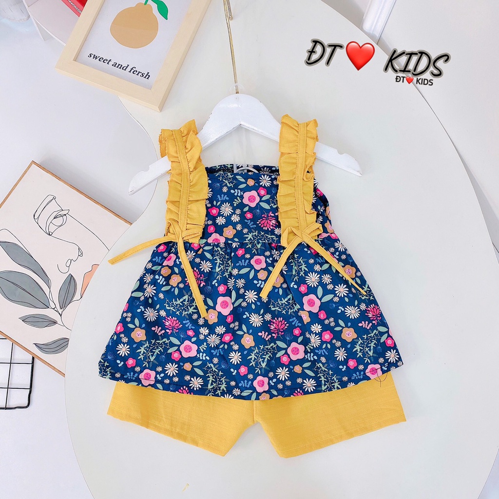 Đồ bộ bé gái size 8 đến 18 kg quần áo họa tiết hoa nhí viền QATE677, Bộ 2 dây bèo vai hoa nhí kèm quần thô cho bé
