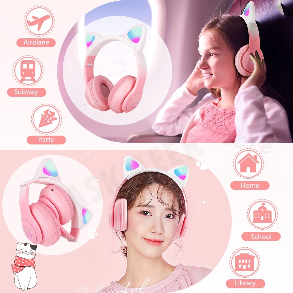 Tai Nghe Chụp Tai Bluetooth Không Dây Âm Thanh Nổi RGB Hình Tai Mèo Màu Gradient Có Mic Cho Bé Gái