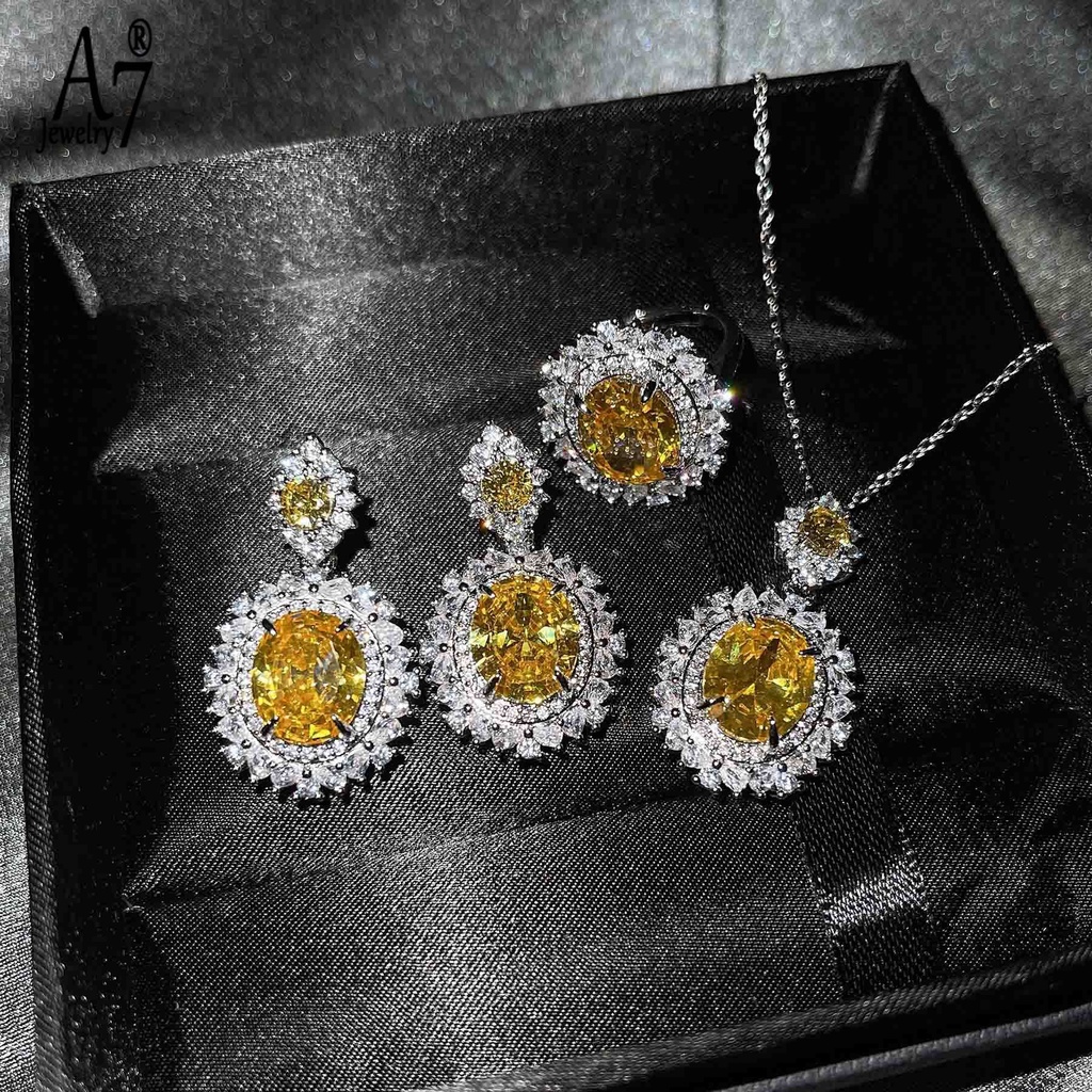 (MỚI) Bộ Vòng cổ + bông tai + nhẫn đính đá Topaz sang trọng