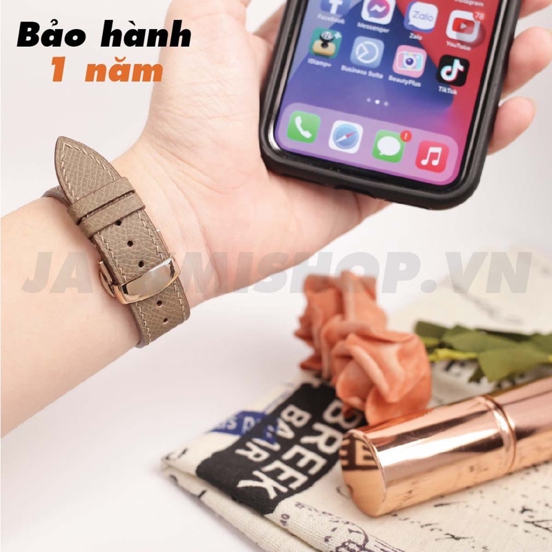 Dây da Epsom may tay thủ công màu Nâu Tây khoá Bướm cho aw series 7 6 SE 5 4 3 2 1 size 45mm 44mm 42mm 41mm 40mm 38mm