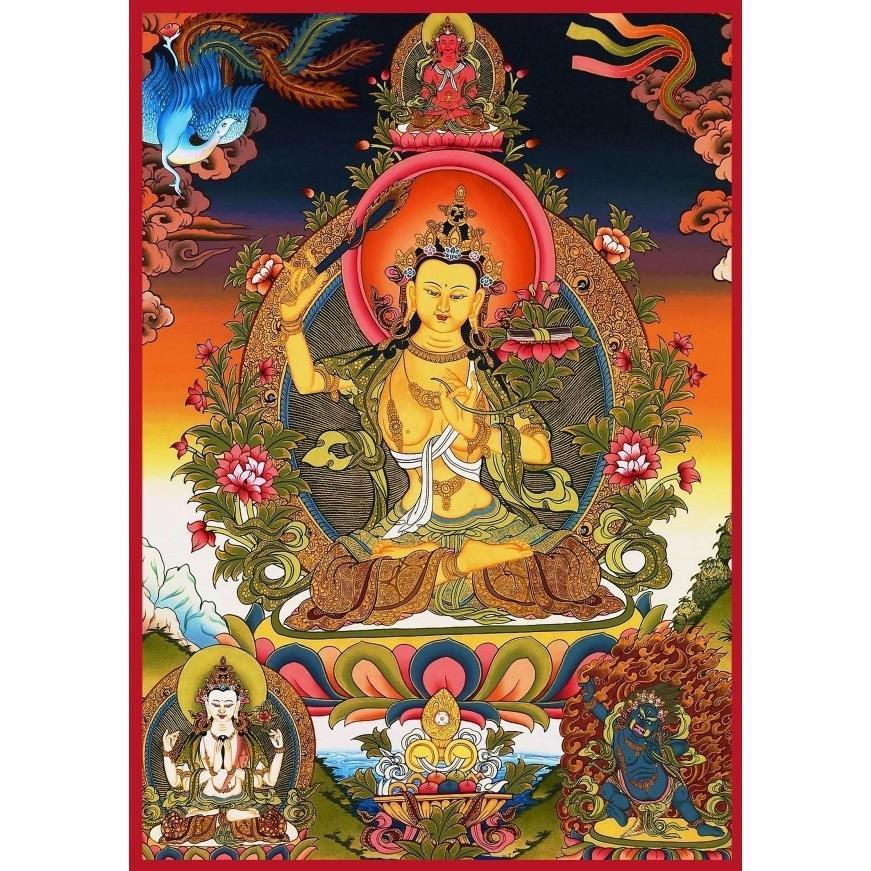 ﹍✷Tranh treo tượng Phật Manjusri, trang trí tại gia, cúng dường độ nét cao, giấy ảnh Mật tông Thangka, niêm phong