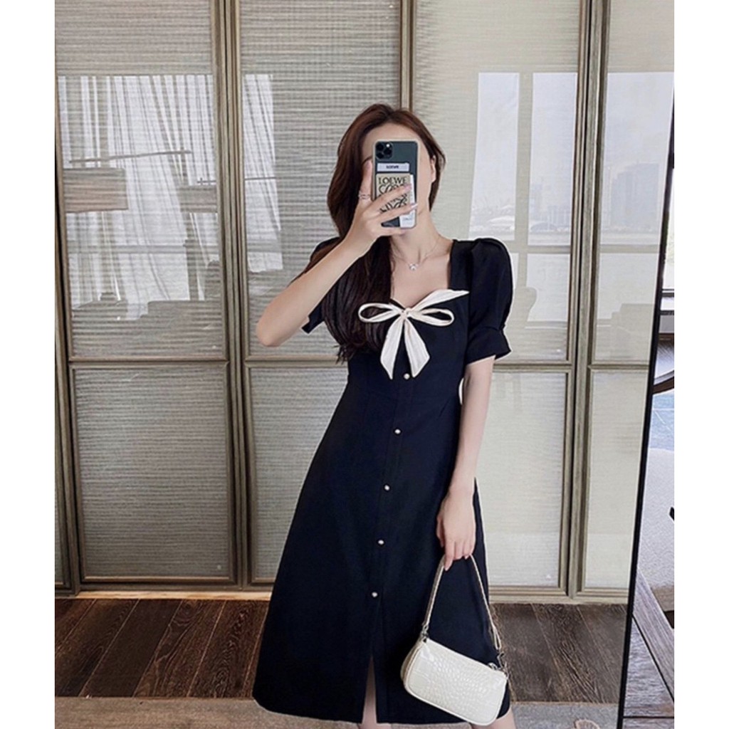 Đầm xòe đen tiểu thư phối nơ cổ