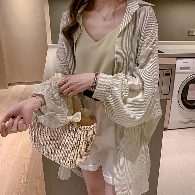 Áo khoác ngoài chống nắng dáng dài nhẹ kẻ sọc thời trang