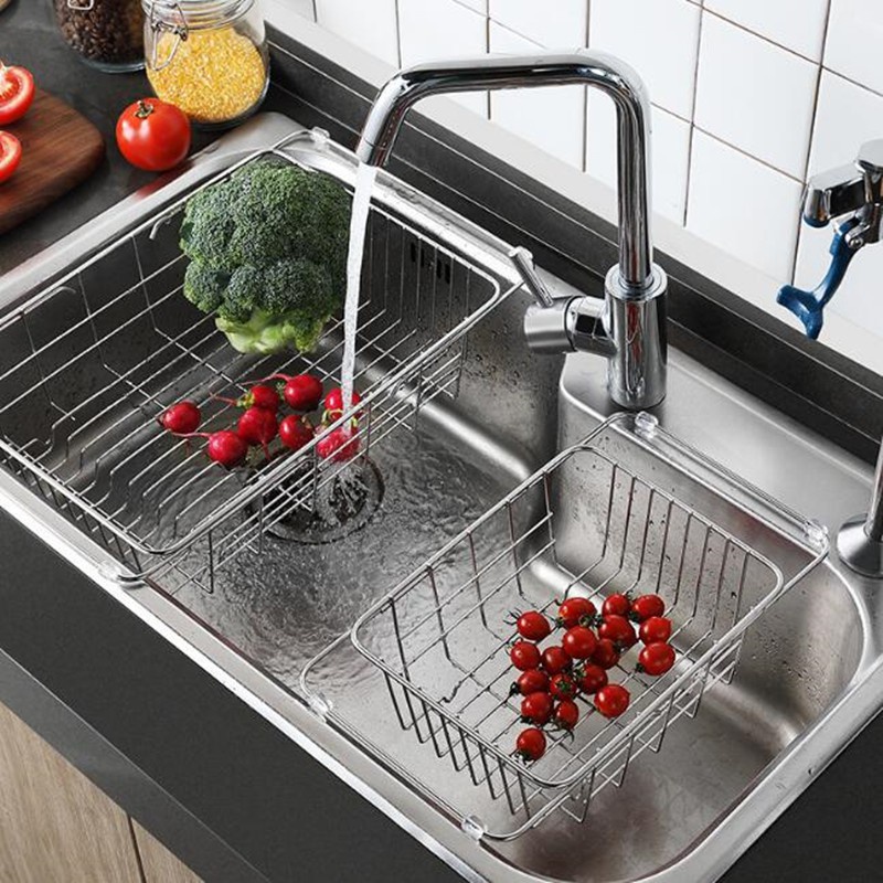 ✹Rổ úp chén Inox 304, giá đỡ, khay cao cấp có thể thay đổi chiều dài gác bồn rửa chén, ráo nước C3020