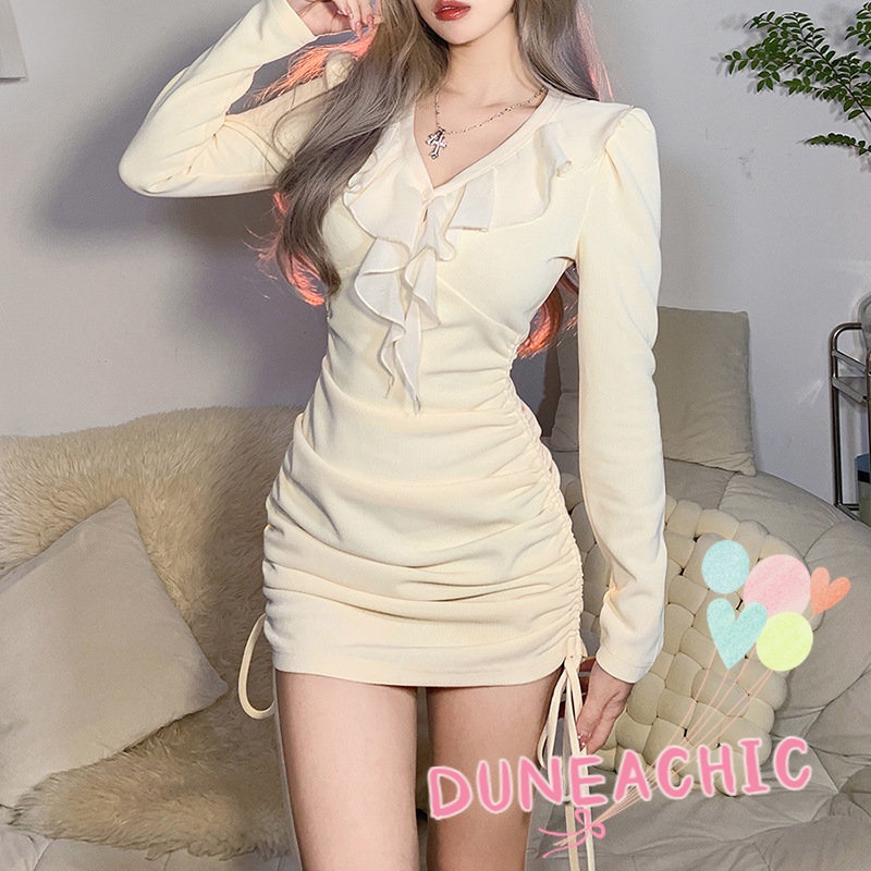 DUNEA Đầm Tay Dài Cổ Chữ V Phối Dây Rút Thời Trang Xinh Xắn Cho Nữ