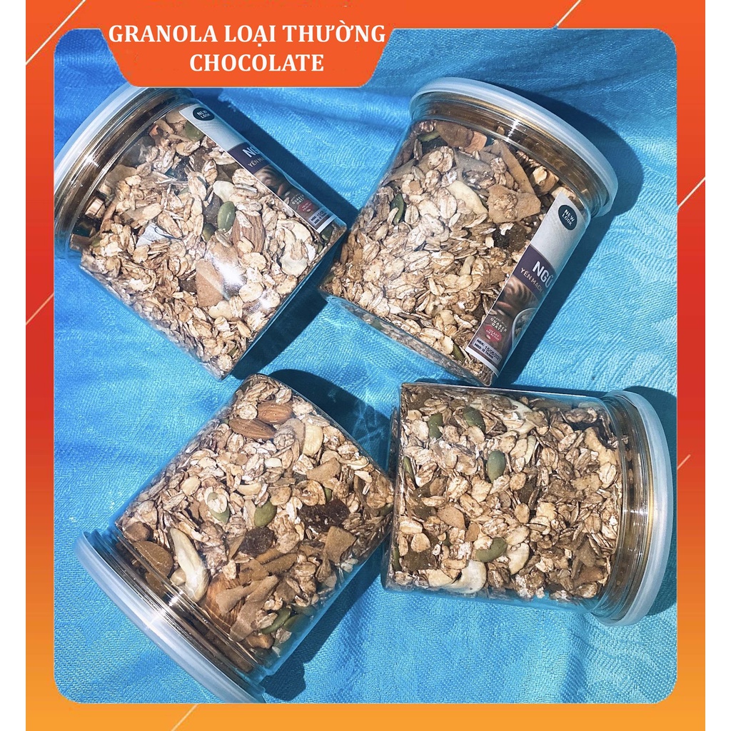 Granola thường mix các loại hạt vị Chocolate, Trà Xanh, Mật Ong, ăn kiêng, giảm cân.