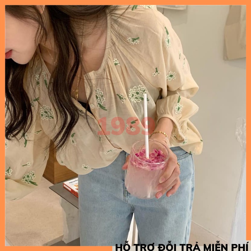 Áo babydoll dáng rộng thêu hoa tay bồng ẢNH THẬT chất đũi mềm min thoáng mát ULZZANG hàn quốc THỜI TRANG 1989