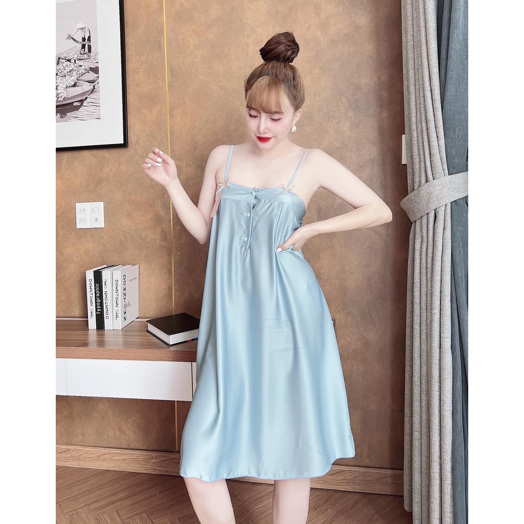Đầm ngủ 2 dây, váy ngủ gợi cảm, đồ ngủ mặc nhà chất lụa latin cực mát, mịn có nút gài kèm nơ mặc nhà thoải mái [DN64]