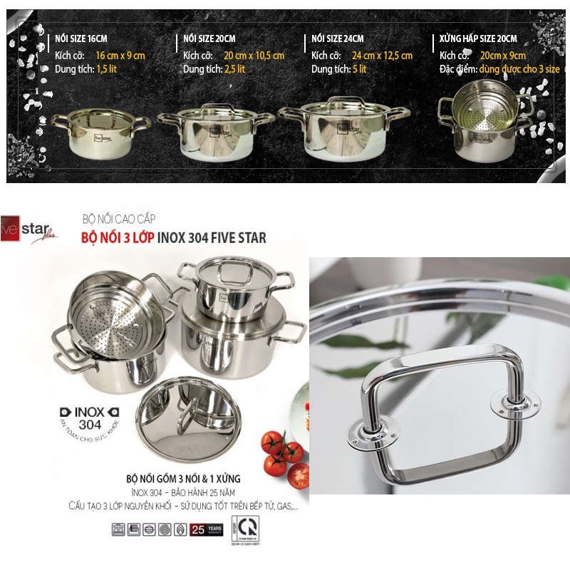 Bộ nồi Inox 304 thân đúc đáy liền 7 món Fivestar FPB4005  - hàng chính hãng, bảo hành 25 năm