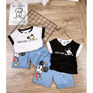 Sét micky đen trắng th quần bò cho bé