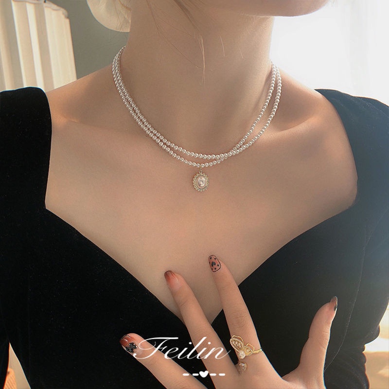 We Flower Vòng cổ choker đính ngọc trai giả 2 lớp vintage cổ điển cho nữ/bé gái