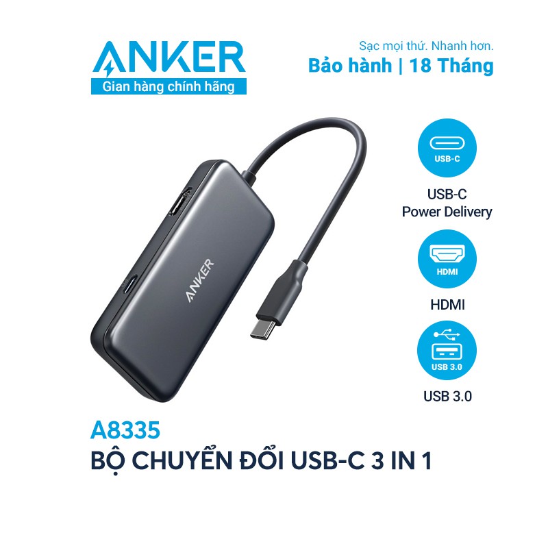 Bộ chuyển đổi USB-C ANKER 3 in 1 xuất HDMI 4K, USB 3.0 và hỗ trợ dòng USB-C 60W - A8335