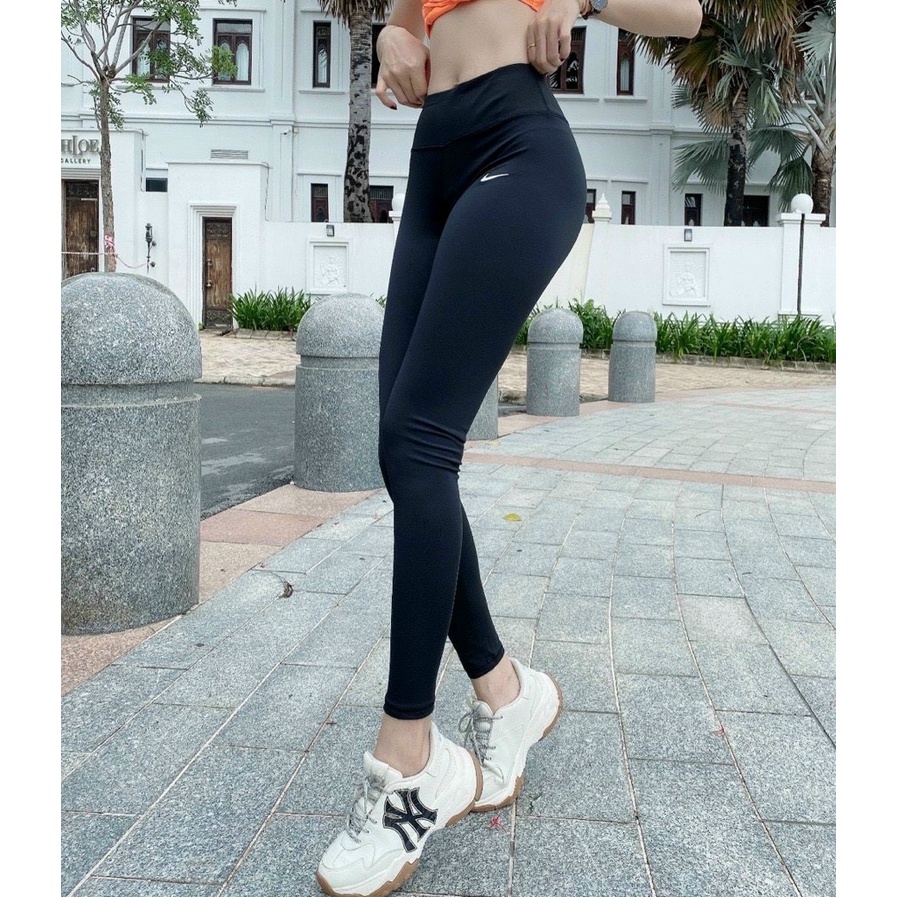 Quần Tập Gym Yoga Trơn Thêu Logo, Quần Legging Thể Thao Lưng Cao Hai Màu - OQ055