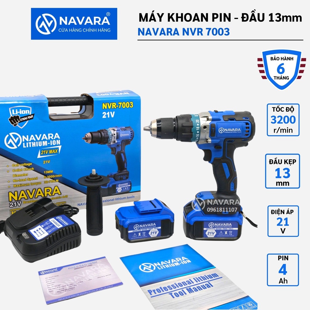 Máy khoan pin NAVARA NVR 7003 không chổi than đầu kẹp 13 ly pin 21V 10cell - Tặng kèm túi đựng dù