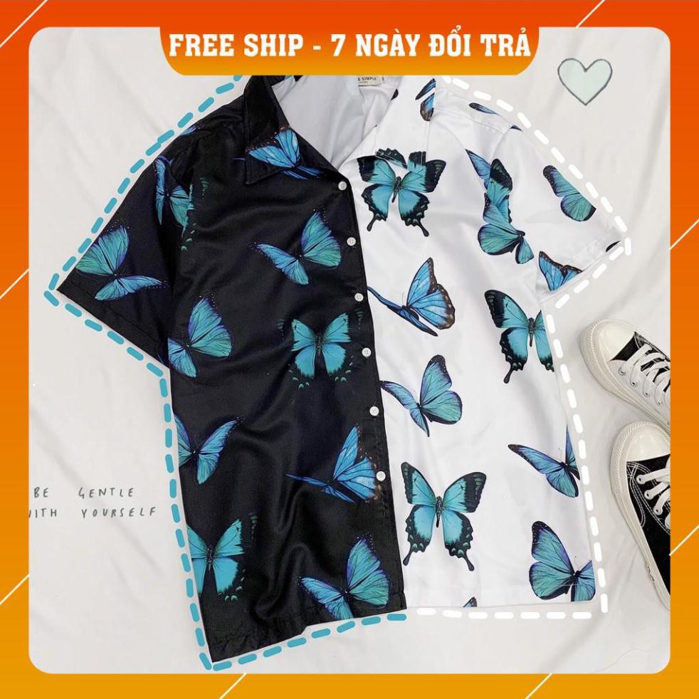 Áo Sơ Mi Tay Lỡ In Họa Tiết Bướm Xanh V1 Unisex (Trắng/Đen) | BigBuy360 - bigbuy360.vn