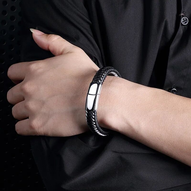 Vòng Tay Da Phối Thép Không Gỉ Khoá Nam Châm