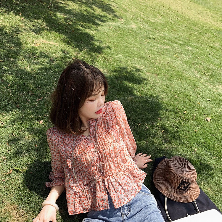 Áo sơ mi voan hoa tay dài thời trang xuân hè Hàn Quốc mới 2021