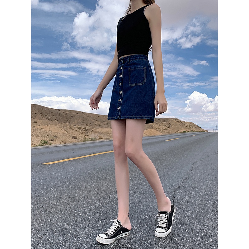 Chân váy jean Lưng Cao Màu Sắc Đơn Giản Cho Nữ