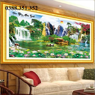 Tranh thêu chữ thập phong cảnh lưu thủy sinh tài 130*65cm