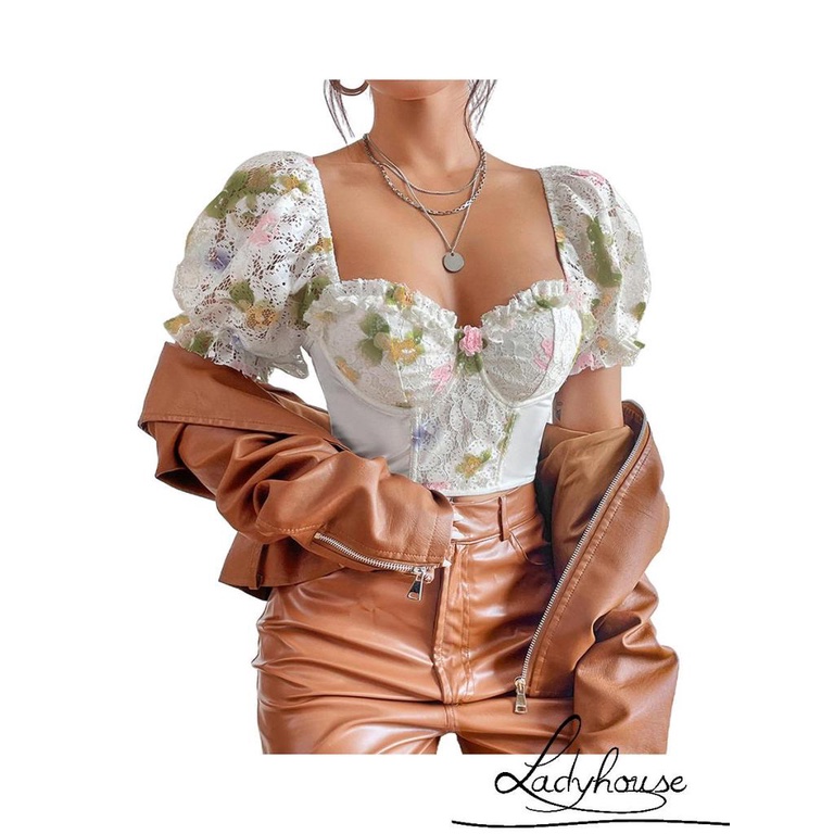 Áo Croptop Tay Phồng Ngắn In Họa Tiết Hoa Phong Cách Đường Phố Thời Trang Xuân Thu Cho Nữ