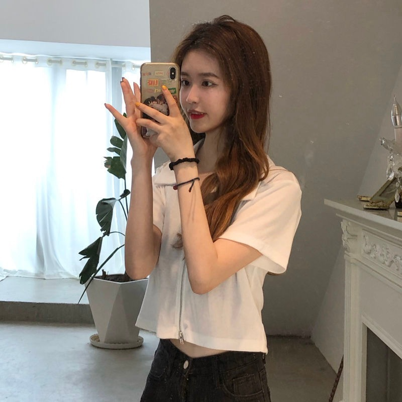 Áo Thun Lửng Ngắn Tay Có Khóa Kéo Thời Trang Hè 2021 Cho Nữ