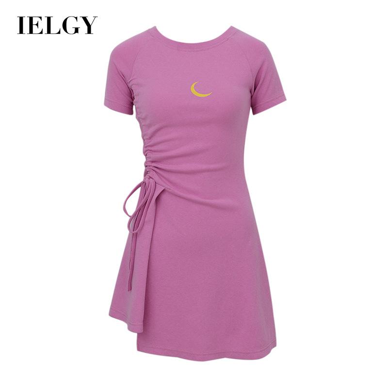 Đầm IELGY tay ngắn in họa tiết dây rút dáng ôm phong cách thời trang Hàn Quốc cho nữ