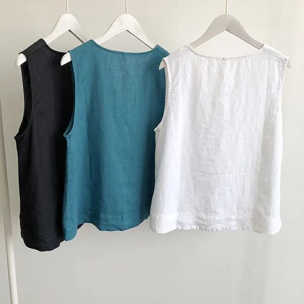 V-cổ cotton linen vest nữ văn học lỏng lẻo trông mỏng hơn vest phiên bản hàn quốc su màu áo ghi lê đơn giản t-shirt nữ hàng đầu