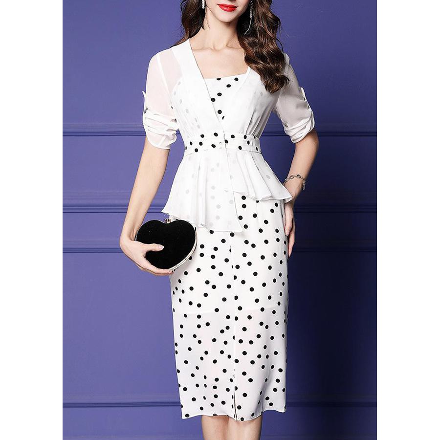 GOTI - Đầm Ôm Dự Tiệc Kiểu 2 Dây In Hoạ Tiết Chấm Bi Phối Áo Khoác Ngắn Voan 3100