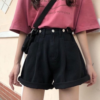 Quần Ngố Cotton Ống Rộng, Short Bò Lưng Cao, Không Giãn, Quần Suông Lửng ĐEN TUYỀN3003