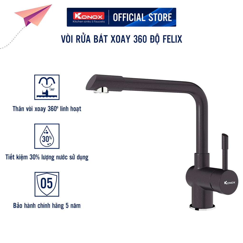 Vòi rửa bát xoay 360 độ KONOX Felix Black, bề mặt xử lý mạ PVD Granite, lõi hợp kim đồng 61% tiêu chuẩn Châu Âu CW617N