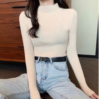 Áo len nữ gân tăm cổ thấp