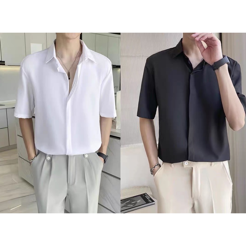 Áo sơ mi nam giấu cúc fom rộng Unisex vải mềm mượt co giãn nhẹ sơ mi che nút nam tay ngắn mẫu mới mã TN 27