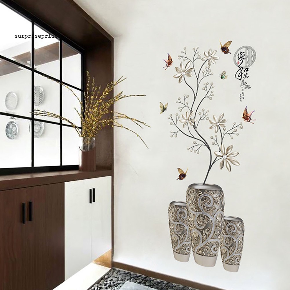 Giấy dán tường trang trí hình lọ hoa và bướm đáng yêu bắt mắt