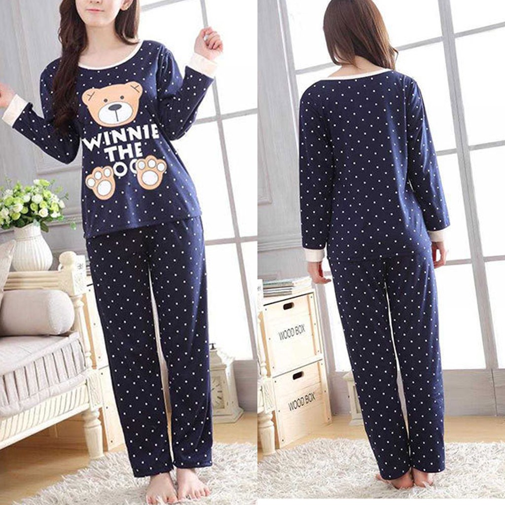 Bộ Pijama Dài Tay In Hình Gấu + Quần Dài Chấm Bi