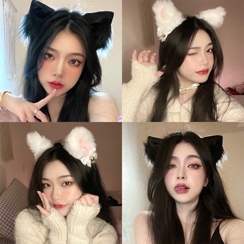 Bờm tóc cute, Cài Tóc Tai Mèo Lông Mềm Mại Dễ Thương Cute Cosplay Màu Đen Trắng