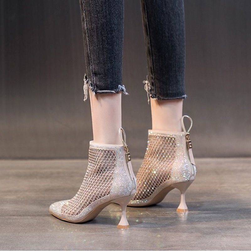 Giày Bốt Martin Cao Gót Phối Lưới Đính Đá Thoáng Khí Thời Trang Xuân Hè Phong Cách Hàn Quốc 2022 Cho Nữ