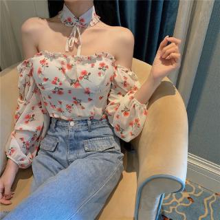 Áo Sơ Mi Chiffon Ngắn Hở Vai Tay Dài In Hoa Thời Trang Quyến Rũ