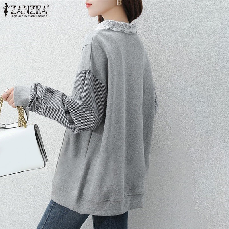 Áo kiểu Zanzea tay phồng họa tiết sọc ca rô duyên dáng cho phái nữ