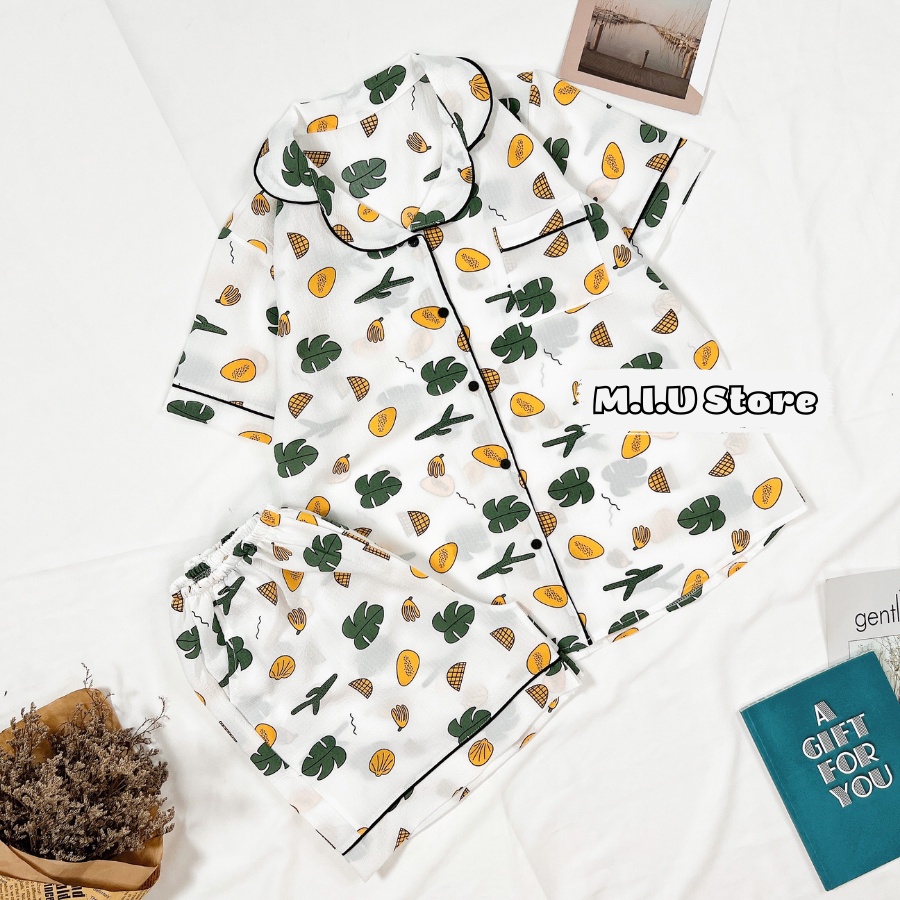 Bộ Ngủ Pijama Mặc Nhà Cộc Tay Chất Đũi Xốp Thoáng Mát Thấm Hút Mồ Hôi Siêu Tốt Họa Tiết Dễ Thương