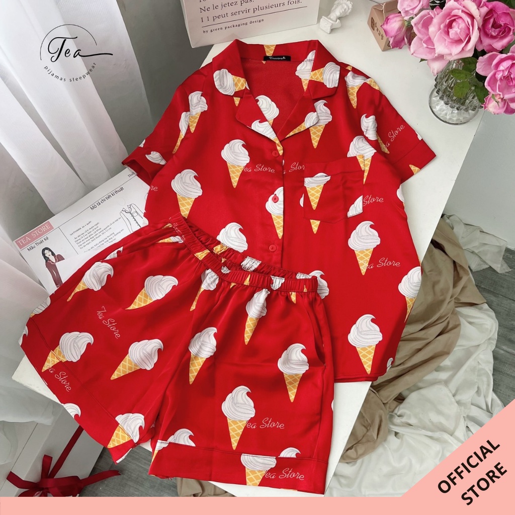 Bộ Mặc Nhà Pyjama Lụa Cộc Tea Store Họa Tiết Thỏ Đáng Yêu
