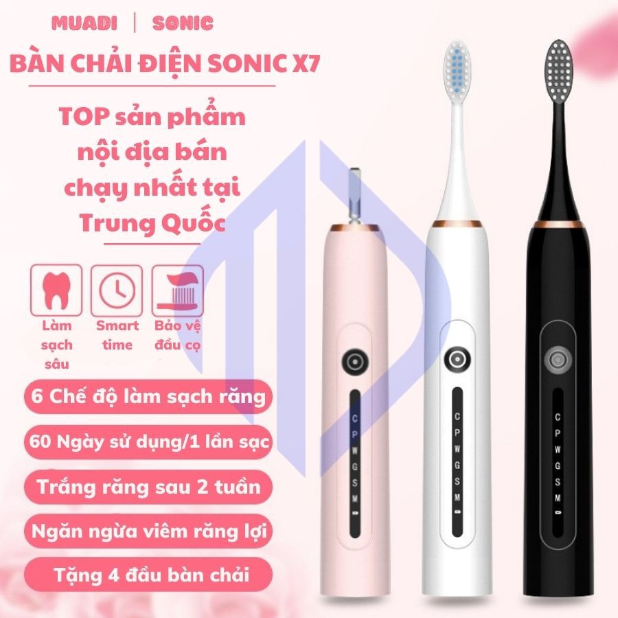 Bàn chải điện Sonic X7 bản nâng câp, Bàn chải đánh răng điện công nghệ Châu Âu với 6 chế độ rung có thể dùng cho trẻ em