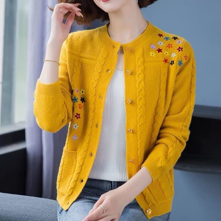 Áo len của mẹ dành cho phụ nữ trung niên và cao tuổi vào mùa xuân và mùa thu cộng với áo khoác mỏng dệt kim cỡ lớn