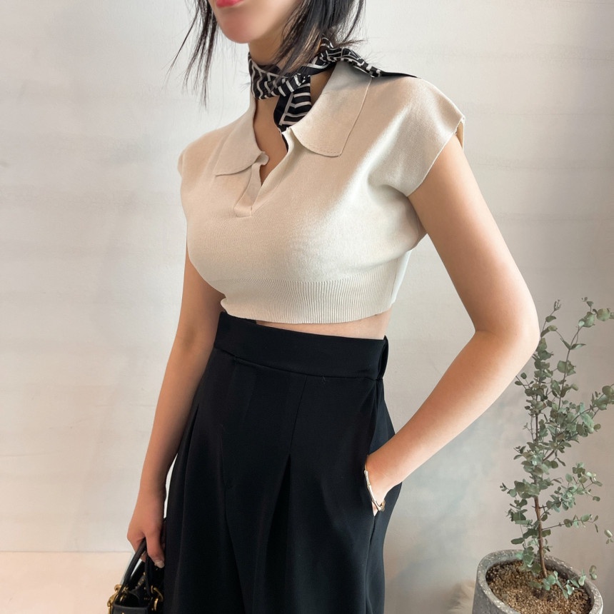 DUNEA Áo Thun Dệt Kim Cổ Bẻ Đơn Giản 3.3 Thời Trang Cho Nữ