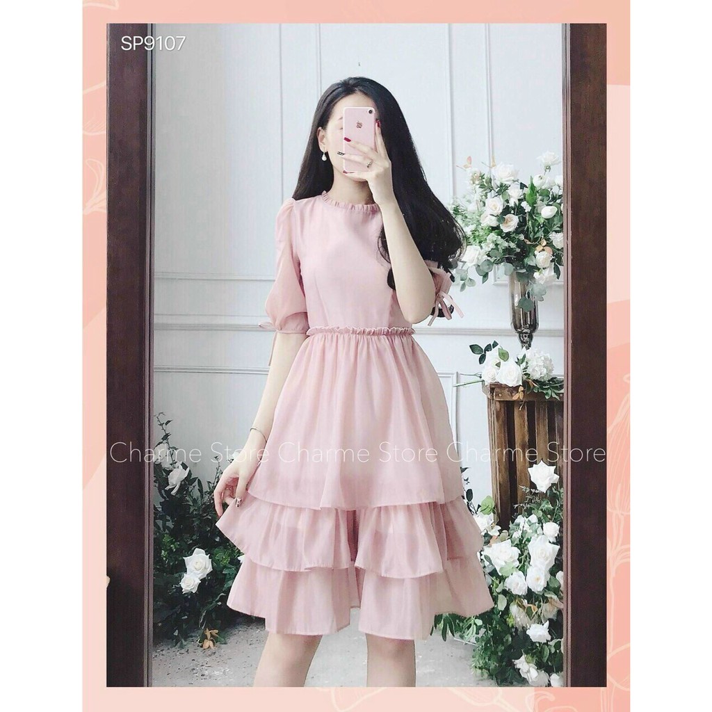 Đầm voan xoè 3 tầng tay cột nơ cổ bèo ( Đỏ, Trắng, Hồng ) | BigBuy360 - bigbuy360.vn